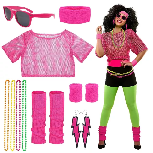 80er Jahre Outfit Damen Kostüm Accessoires Set Brille Halskette Halloween Party