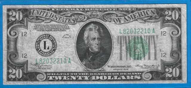 1934 $20 FRN L-San Francisco,Mule Note B/P# 374,Green Seal,Circ VF,Nice!