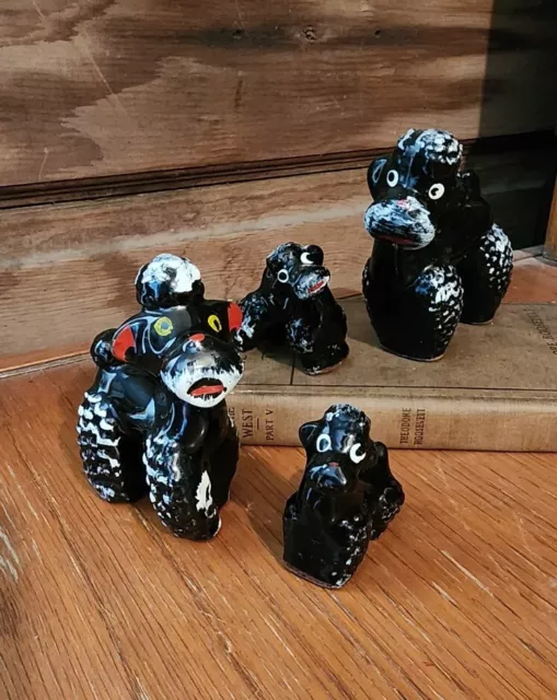 Made In Japan Porcelain Figurine Black Whimsical Poodle Family Of 4 Silly Faces