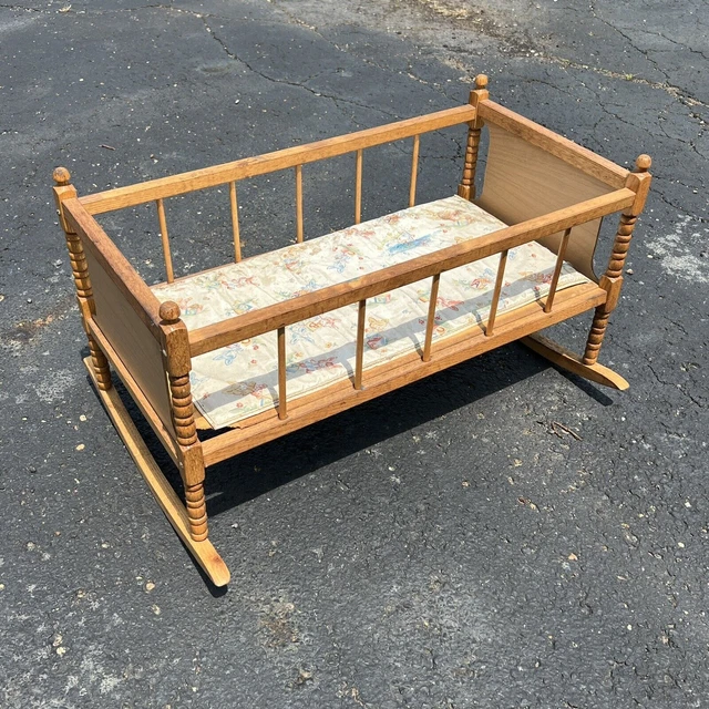 Handmade WOODEN ROCKING CRADLE 25” Wood BABY FURNITURE Antique VINTAGE