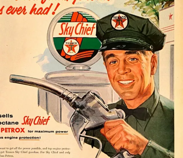 1955 TEXACO Sky Chief Dealers Man Green Uniform Nozzle Sign Vintage Print Ad 122