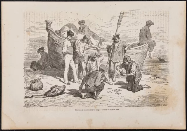 1865 - Voyous sur la plage à Malaga - Gravure ancienne - Espagne