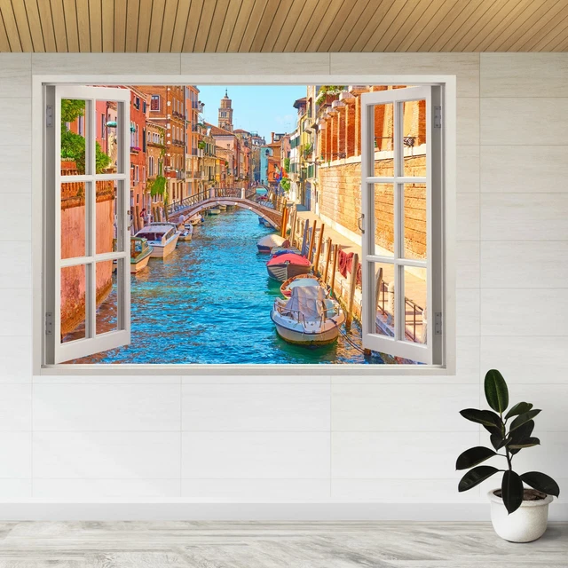 Houses Canal boats Venice Italy 3d Window View Wall Sticker Poster Decal A251