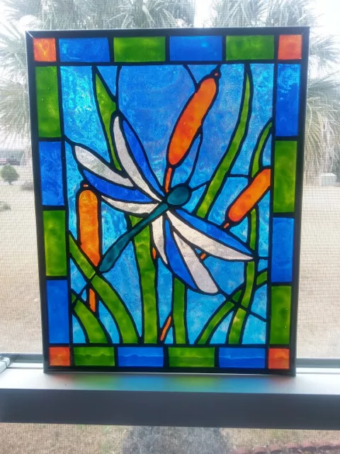 Dragonfly Stained Glass Window Panel Hand Painted