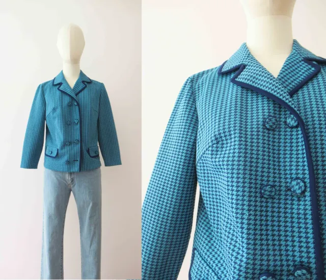 Vintage 60s Double Breasted Blue Houndstooth Crimplene Mod Jacket Small Medium