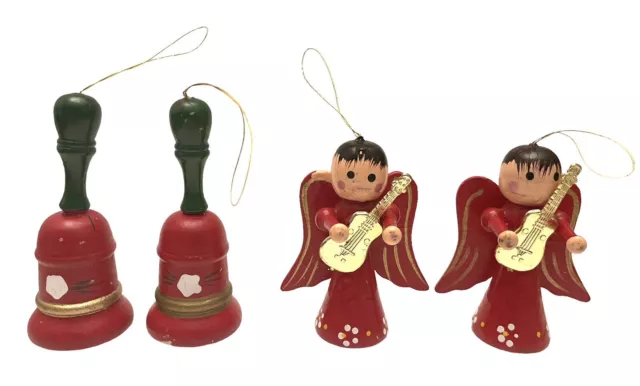 VTG Handpainted 4 PC  Red Wooden Angels And Bells Christmas Ornaments Taiwan