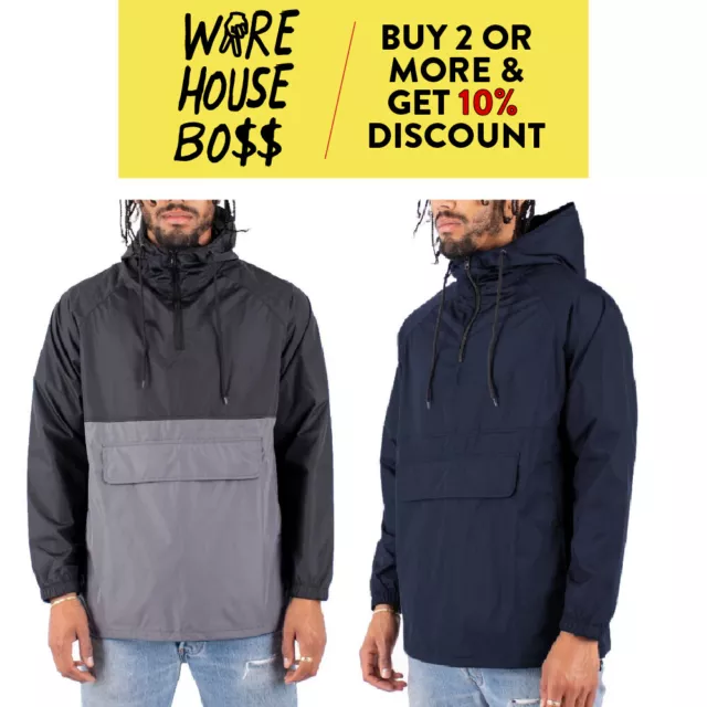 Mens Casual Anorak Hooded Windbreaker Plain Pullover Waterproof Two Tone Hoodie