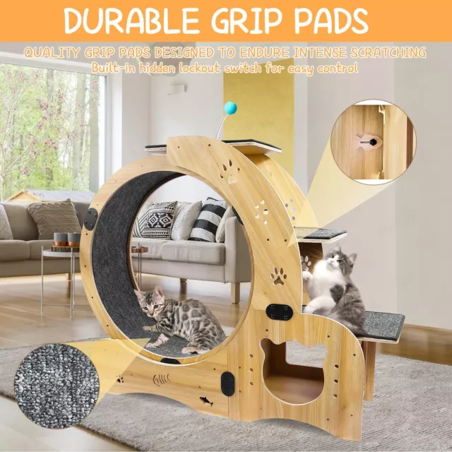 Wooden 4-in-1 Cat Exercise Running Wheel Cat House Cat Jumping w/ Feeding Bowls