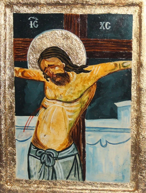 Icône Orthodoxe Grecque Crucifixion Bois Sculpté Fait Main - 9x7 Cm