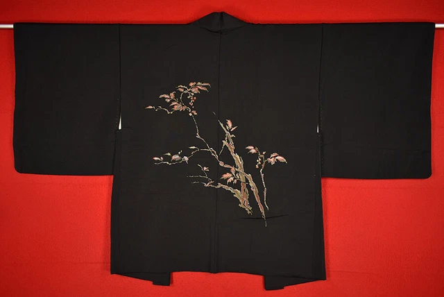 Vintage Japanese Kimono Silk Antique BORO Black HAORI Kusakizome Dyde/A937/525