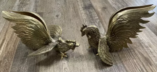 Vintage Pair Large Solid Brass Fighting Cocks Roosters Art Deco