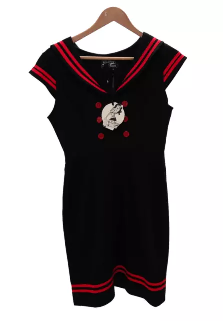 HELL BUNNY VIXEN Retro Style 60's Black/Red Sailor Style Dress UK M Unused Tags