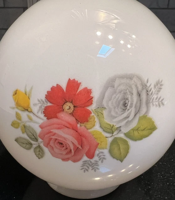 Vintage Floral Milk Glass GWTW Oil Lamp Ball Globe Shade Pink Roses Yellow 2
