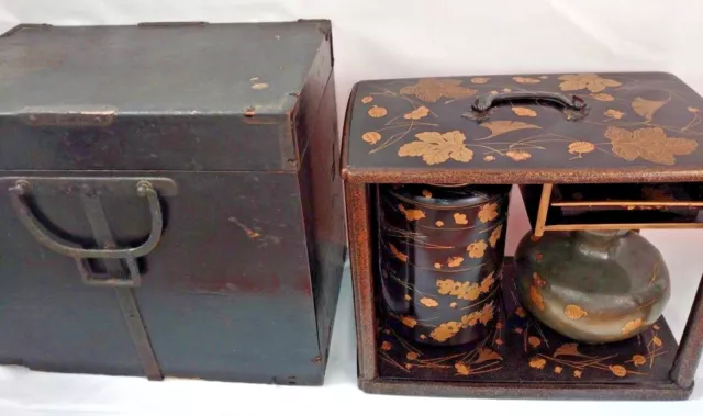 Antique Japanese lacquer Sage Jubako Picnic Set Box Gold & Gilt Takamaki-e Edo