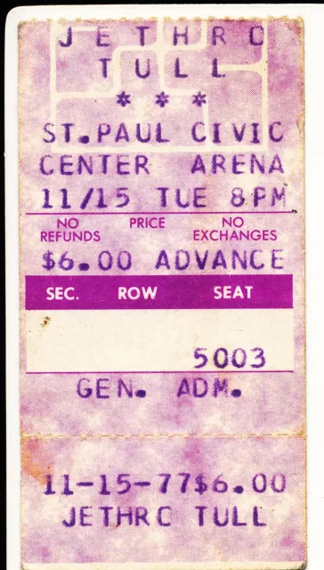 1977 Jethro Tull Civic Center St Paul, MN 11.15.77 Concert Ticket Stub