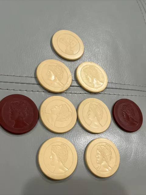 8 VINTAGE CLAY EMBOSSED Lady Luck ANTIQUE Casino Poker Gambling Chips +1 FLUSH