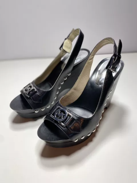 MICHAEL KORS 8M Charm Sling Back Silver Studs Wedge Platform Black Leather Peep