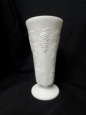 Vintage Milk Glass White Flower Vase Grape Vine Pattern Collectible Wedding