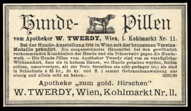 Alte Reklame 1887 Hunde-Pillen gegen Hundewut vom Apotheker W. Twerdy Wien