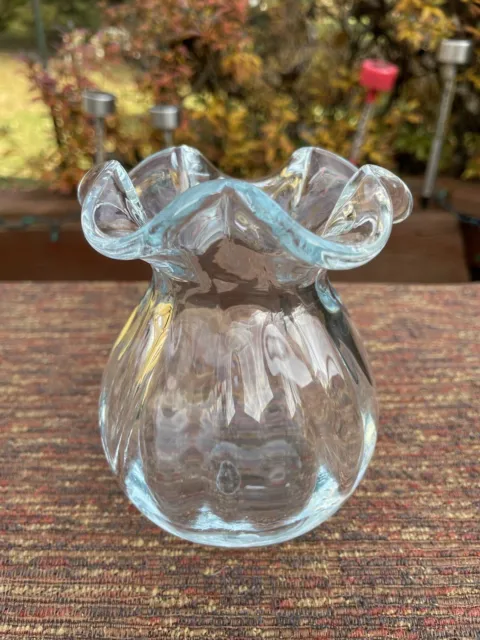 Blue Hand blown Studio Art Glass Bluish Hue Vase With Ruffle Rim 4.5"