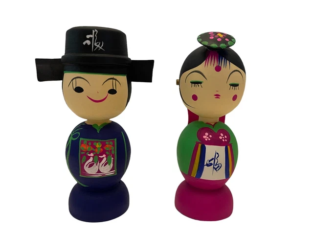 VTG Hand Painted Korean Traditional Bride And Groom Wooden 5” Figurine Set EUC