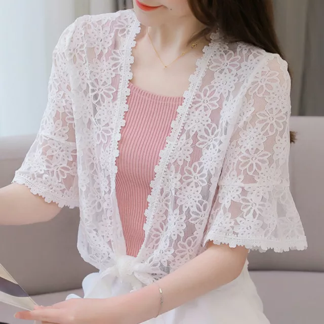 Lady Floral Lace Shrug Flare Short Cardigan Crop Bolero Shawl Jacket Elegant Top