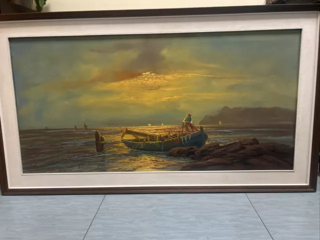 REMO TESTA MARINA LACUSTRE CON BARCHE DEI PRIMI ANNI 70 OLIO SU TELA CM 120 x 60