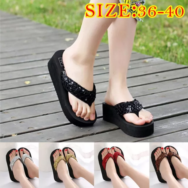 Womens Flip Flops Sandals Ladies Summer Beach Sequins Toe Post Wedge Shoes UK