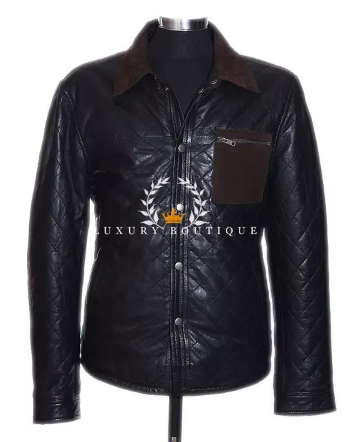 Roger Black Men's Retro Designer Quilted Lambskin Leather Fashion Shirt Jacket