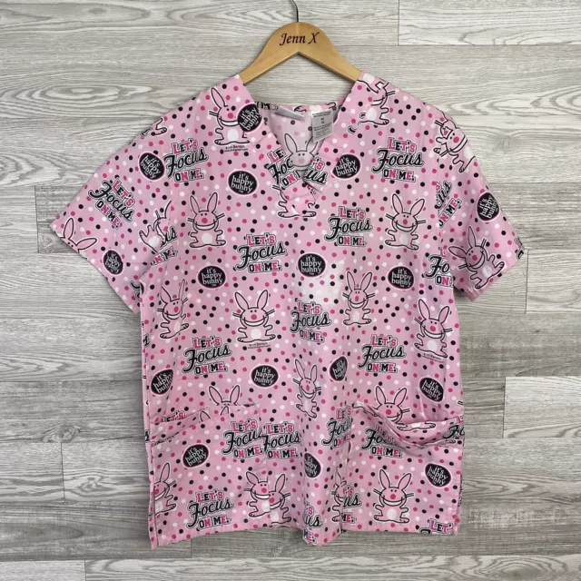 Its Happy Bunny V Neck Scrub Top Size Large Jim Benton- “ Let’s Focus On Me”