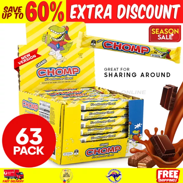 Cadbury Chomp Chocolate Box 63 x 30g Chocolate Bars Wafer with Caramel Bulk Pack