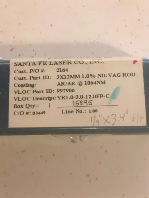 VLOC Nd:YAG Laser Rod 6mm Dia x 86mm AR/AR 1064NM 1.0% 997906 New In Box