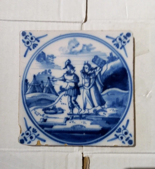 Old delft blue and white reclaimed tile Moses 10 commandments & Roman soldier
