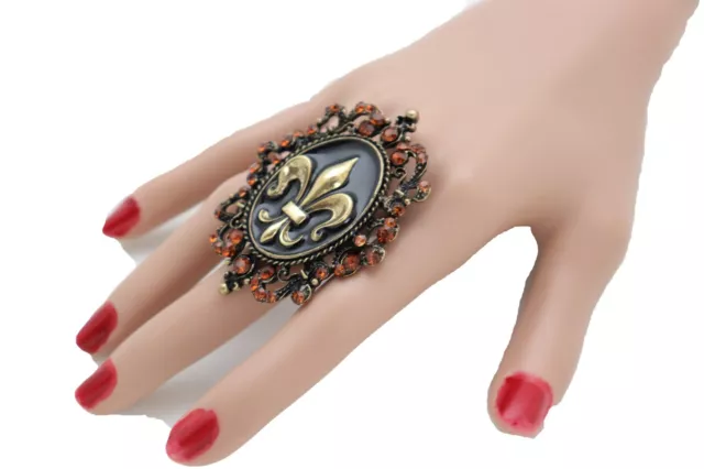 Women Gold Metal Fashion Ring Fleur De Lys French Flower Lily Bling Bold Jewelry 2