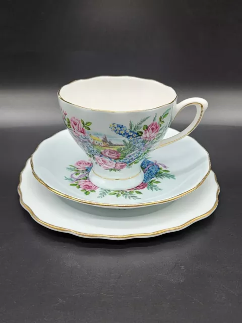 Vintage Colclough Trio Cup Saucer Plate Blue Bone China Cottage Floral