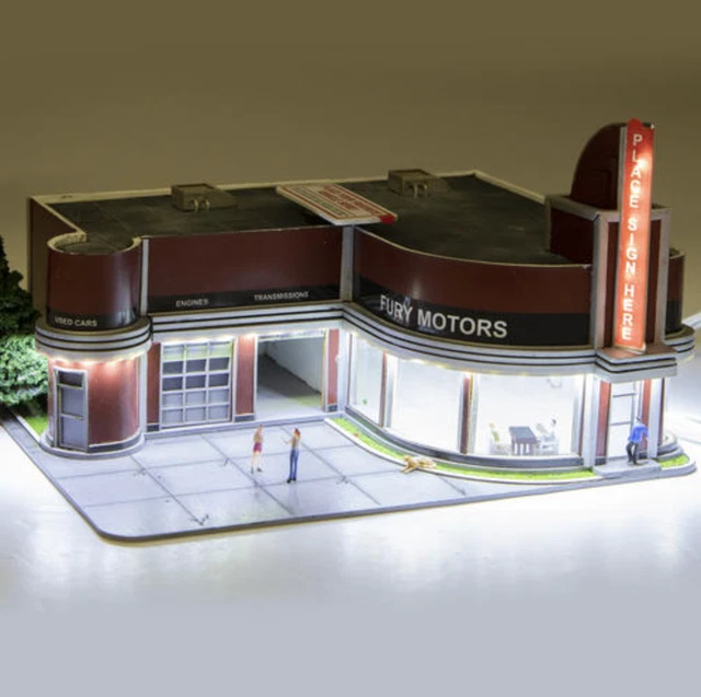 HO SCALE CAR Dealership Building Parking Lot with LED Lights Figures