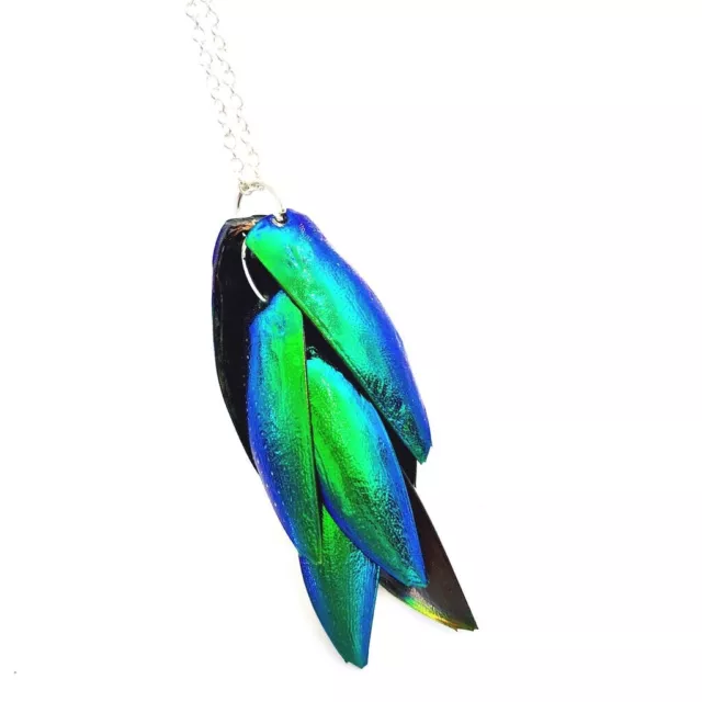 Exotic Thai Jewel Beetle Wings Iridescent Blue Green Necklace Made in the USA