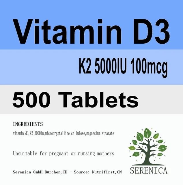 VITAMIN D3 AND K2 5000IU 100mcg Cholecalciferol MK7 x 500 Tablets EUR