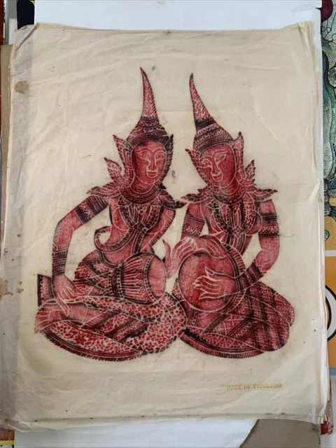 THAI BUDDHIST TEMPLE Red Rubbing Art  Rice Paper 21” x 16” Goddess FRAMED 1970’s