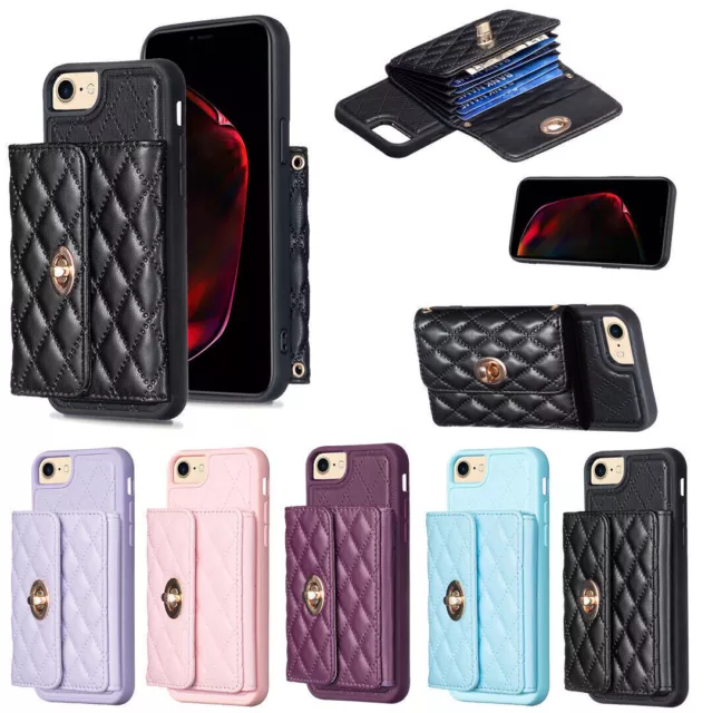 Strap Grid Wallet Phone Case For iPhone 11 12 13 14 Samsung S22 S23 A54 A14 A13