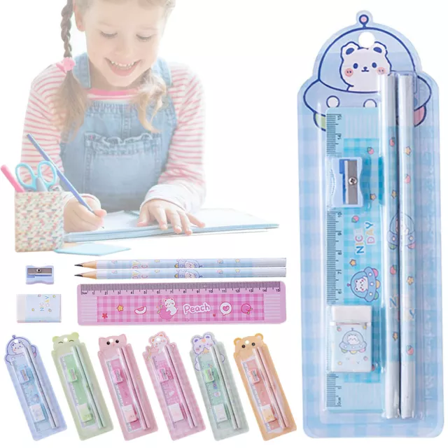 Student Cute Stationery Set Pencil Eraser Ruler Sharpener School Supplies 4Sets