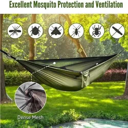 Double Travel Camping Hammock with Mosquito Net Portable 5+1 Ring Strap Hammock