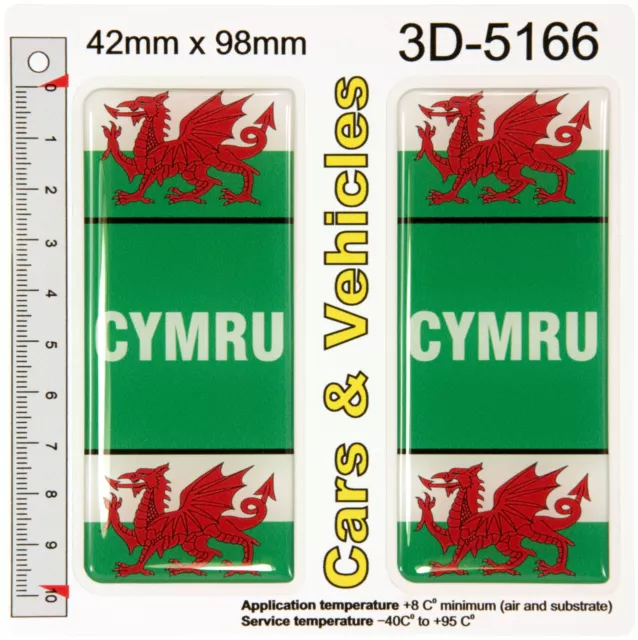 2x CYMRU Number Plate Side Stickers Decals Badges Wales Welsh Flag Resin Domed