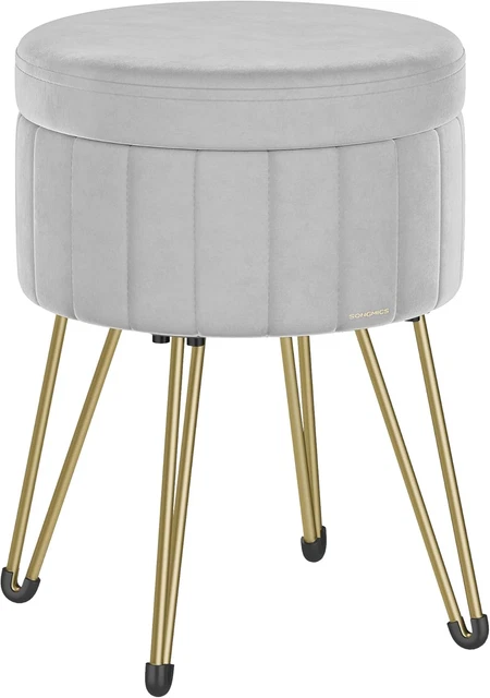 Sgabello Pouf Contenitore In Velluto Beige 35x46cm – Ottomano 4 Gambe Oro Per Camera Da Letto E Ingresso