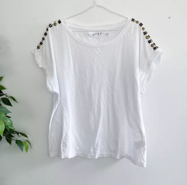 Joey The Label Women's Size 10 Tshirt Top White Cotton Embellished Short Sleeve