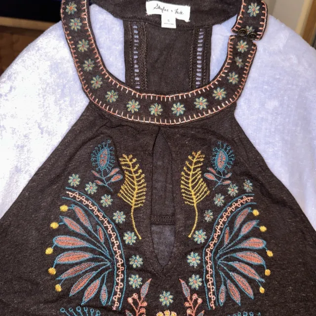 Skylar & Jade Dark Brown Embroidered Tank Top Sz Small Nwt