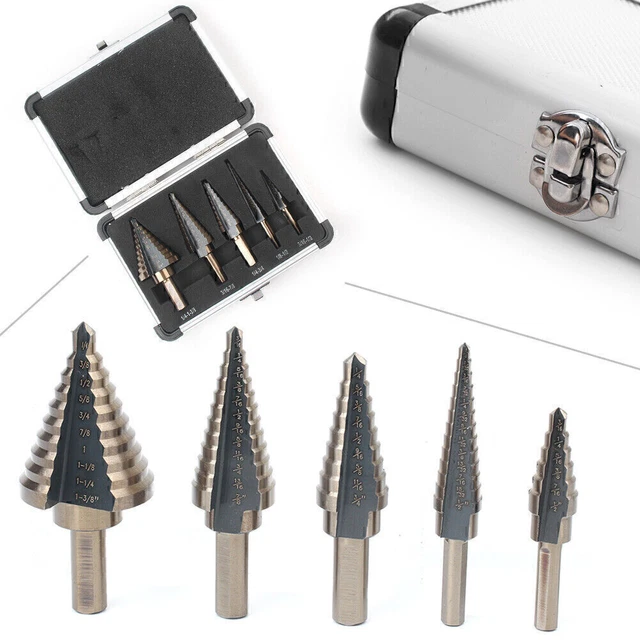 5Pcs HSS Cobalt Multiple Hole Step Drill Bit High Speed Steel Tool Kit W/Case