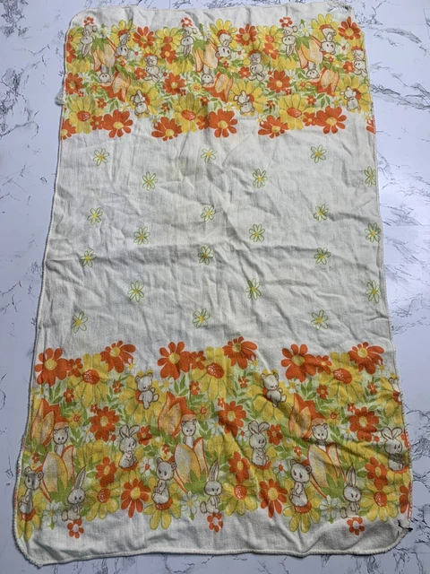 Manta de muñeca bebé de colección de los años 70 psicodélico naranja flores amarillas conejito floral