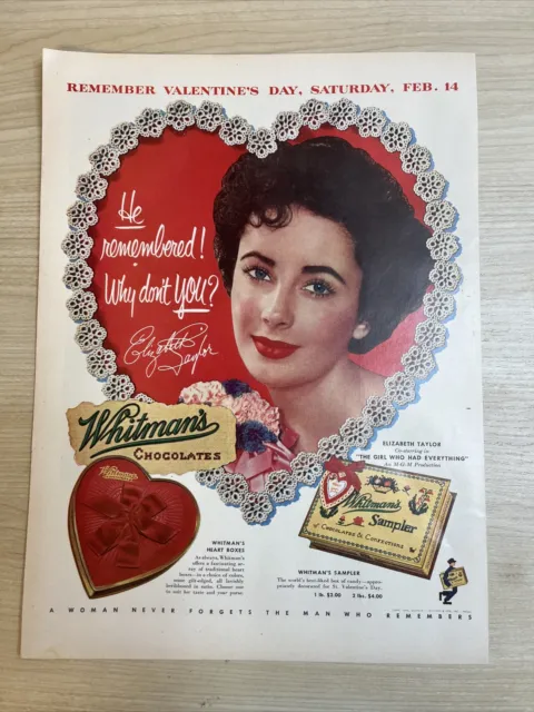 Whitman's Chocolates Sampler Heart Box 1953 Vintage Print Ad Life Magazine