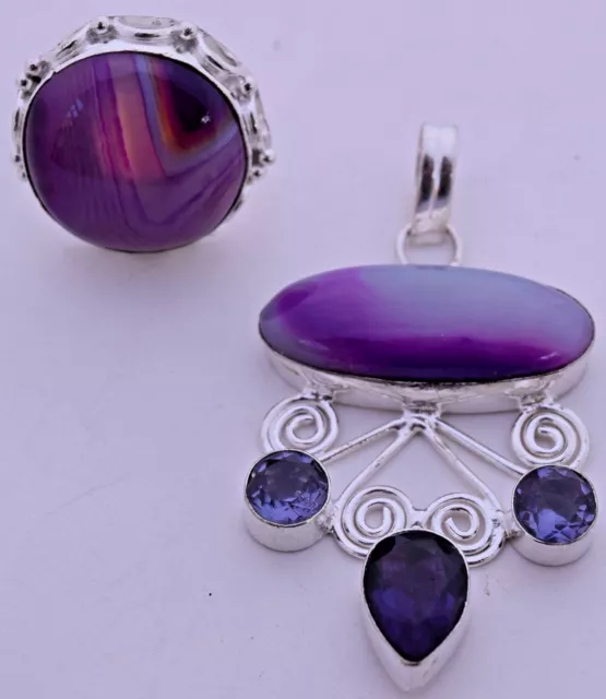 Cabine à facettes violettes plaque d'argent faite main plusieurs pierres ensemble pendentif et bague 2